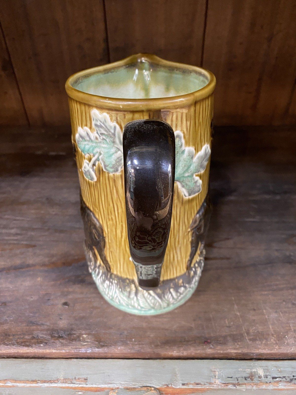 Antique Glazed Ceramic Hunter's Forest Majolica Pitcher 3