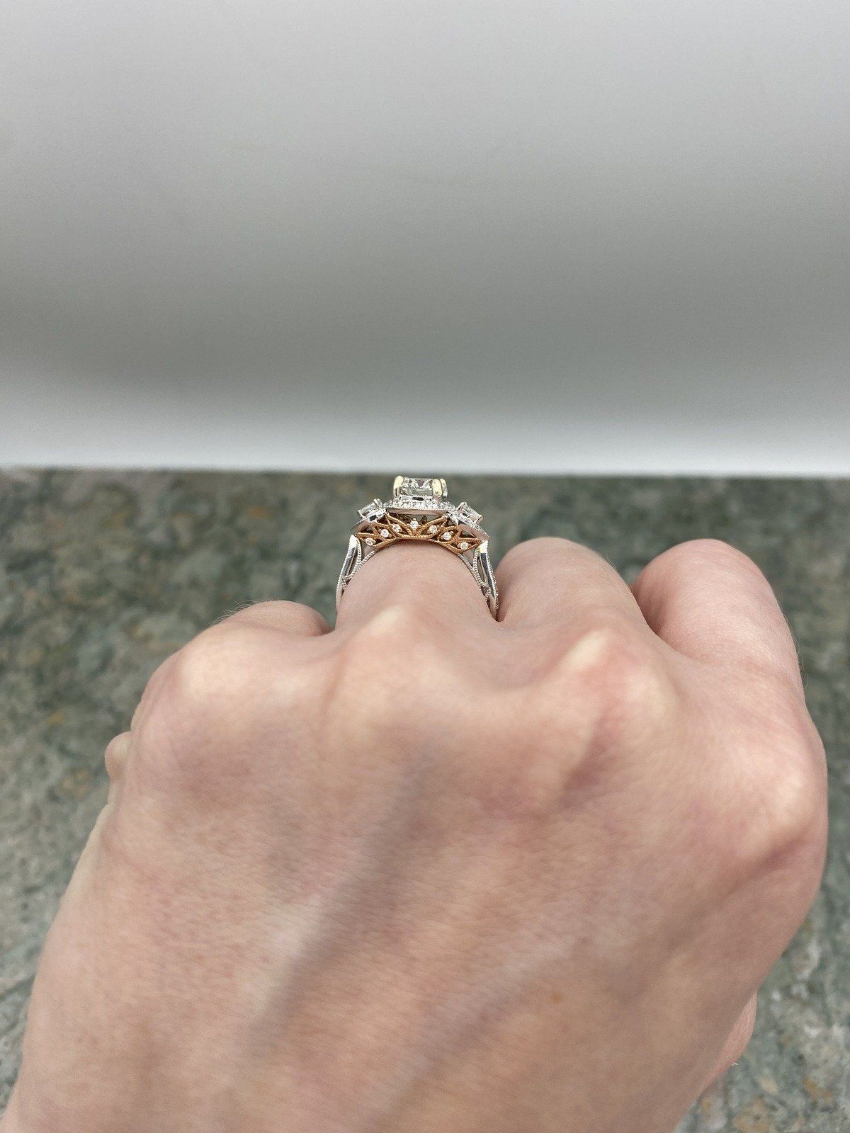 Ladies 1.01ct Center Round Brilliant Diamond Engagement Ring w Pear Should Diamonds + Rose Gold Ornament + GIA Documentation 8
