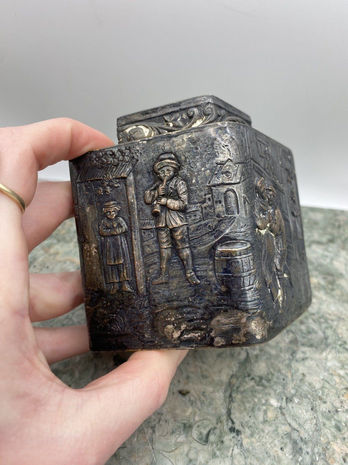 Antique Silver Plated Repousse Dutch Webster & Sons Figural Tea Caddy w C-de-V Detail 2