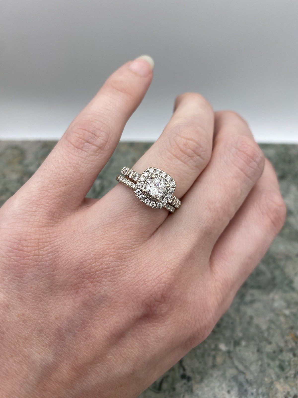 Ladies 14k Gold Leo 1.5ctw Princess Cut Cushion Haloed Diamond Engagement Ring + Band w GIA 5