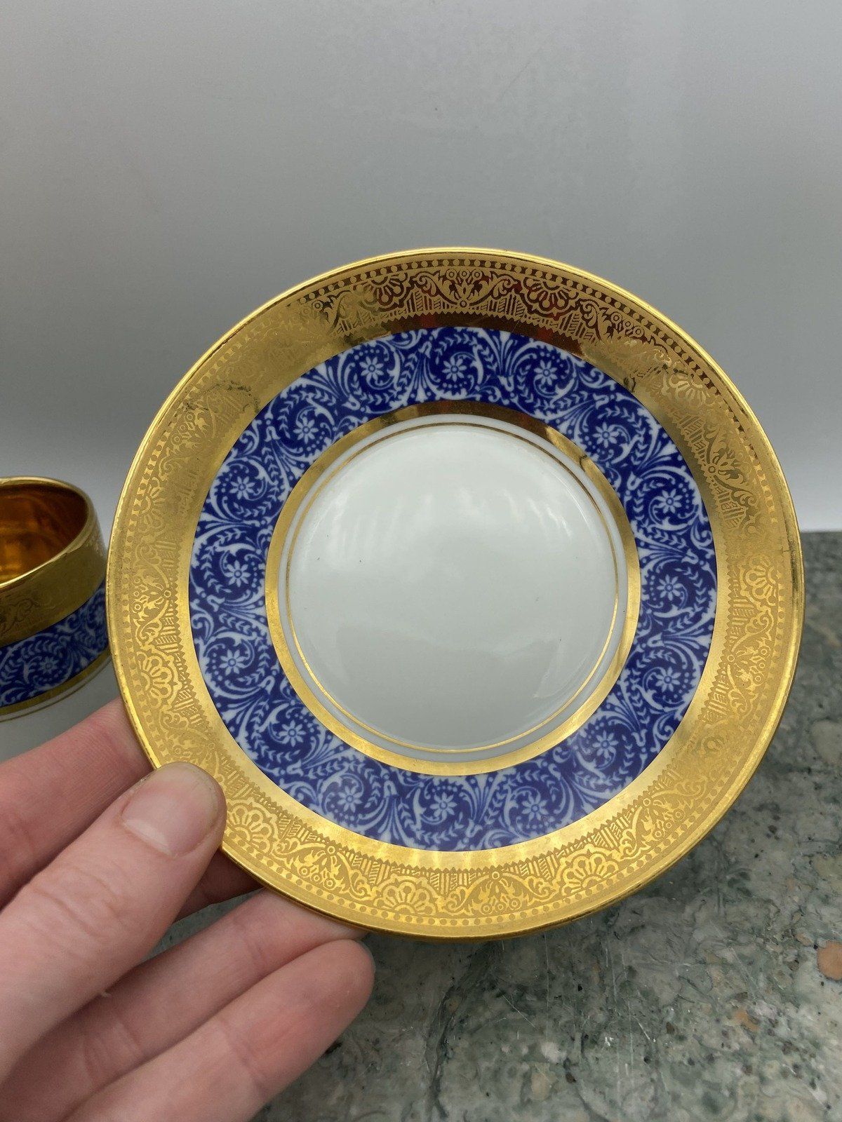 Legle Porcelaine d'Art Limoges French Flow Blue Acanthus + Gilt Demitasse Teacup + Saucer 6