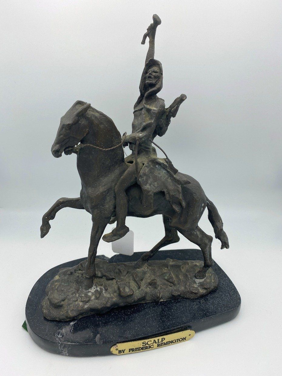 Vintage Frederic Remington Scalp Bronze Sculpture Art Nouveau Figure Marble