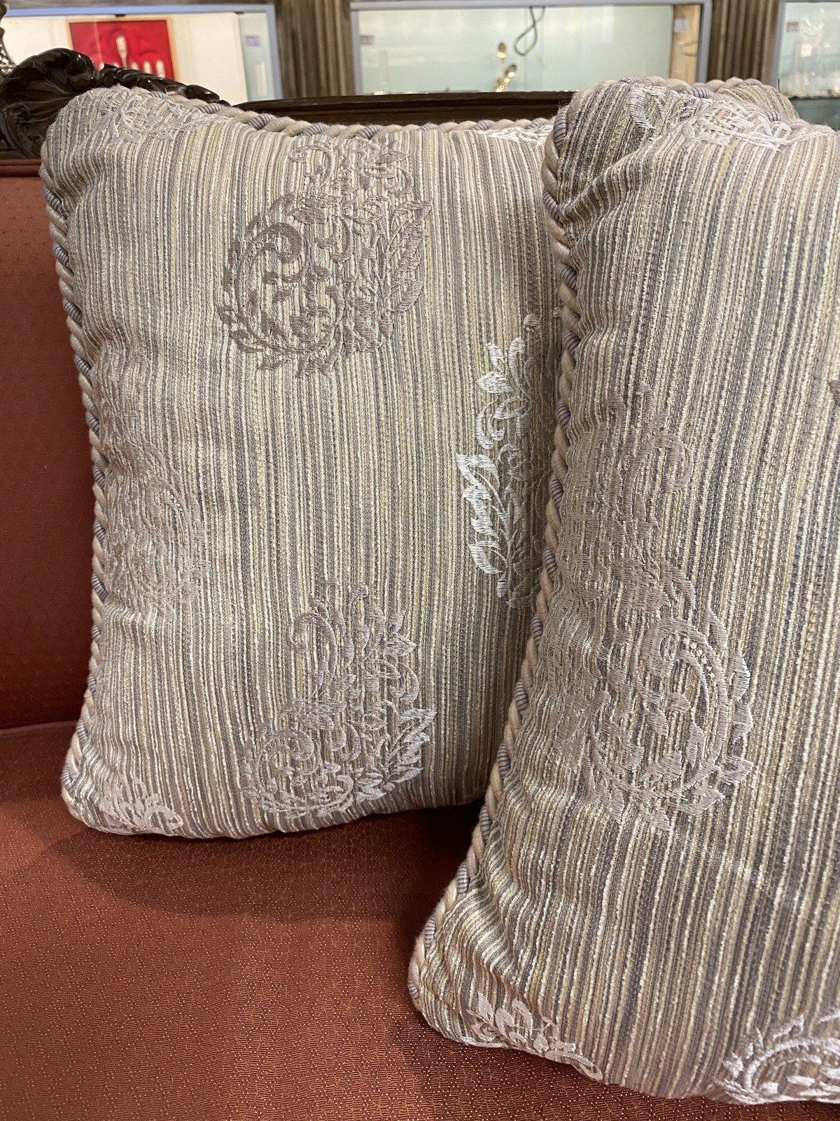 Pair of Beige Acanthus Brocade Throw Pillows 2