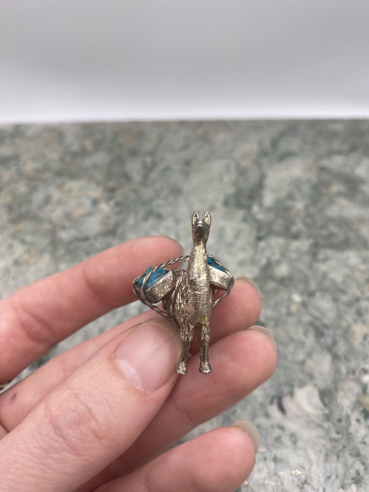 Tiny Unmarked/Tested + Researched Sterling Silver Miniature Alpaca w Turq. Saddle Bags 7