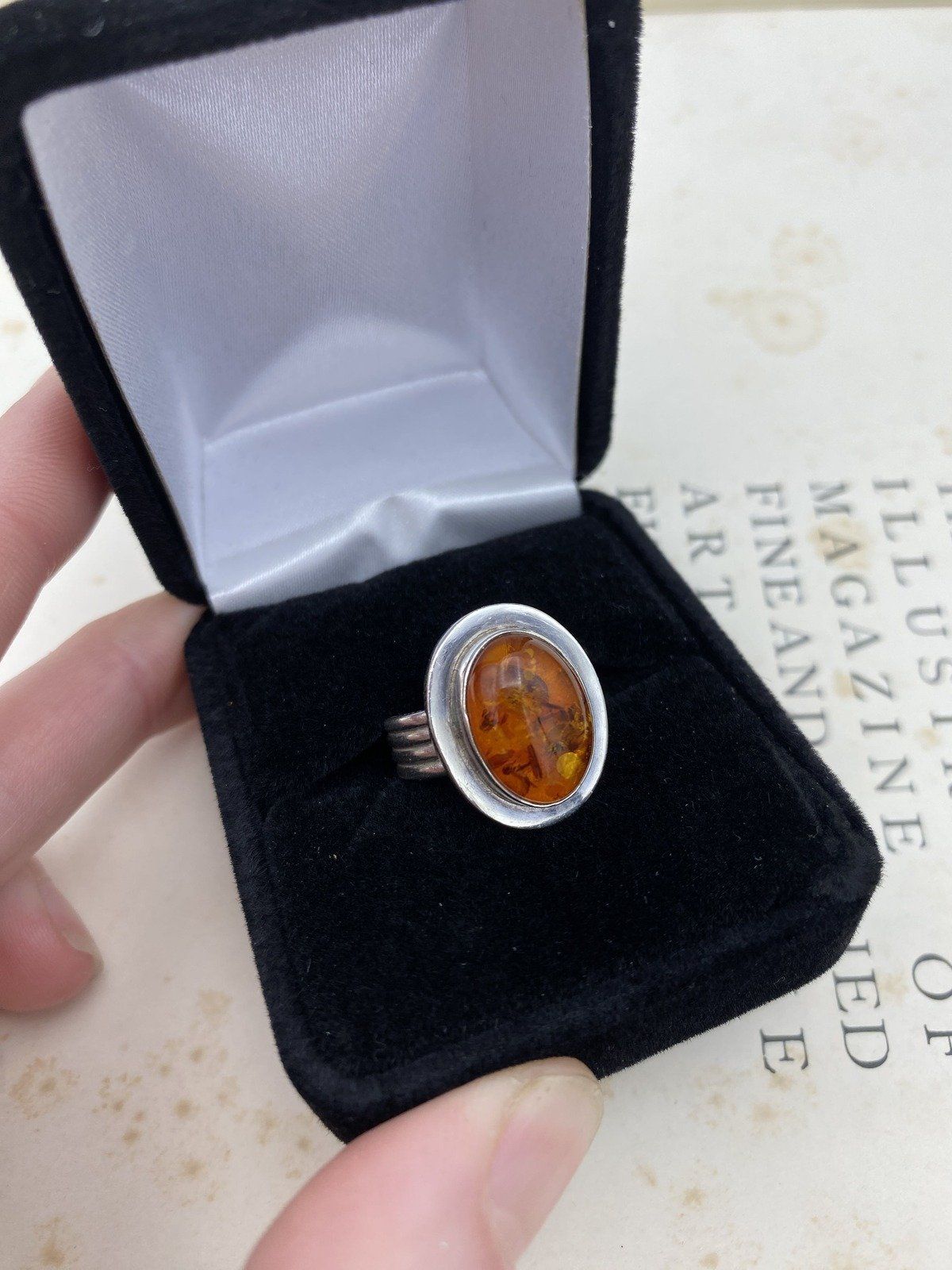 Sterling Silver NV Made Amber Ring w Stacked Wide Band 5