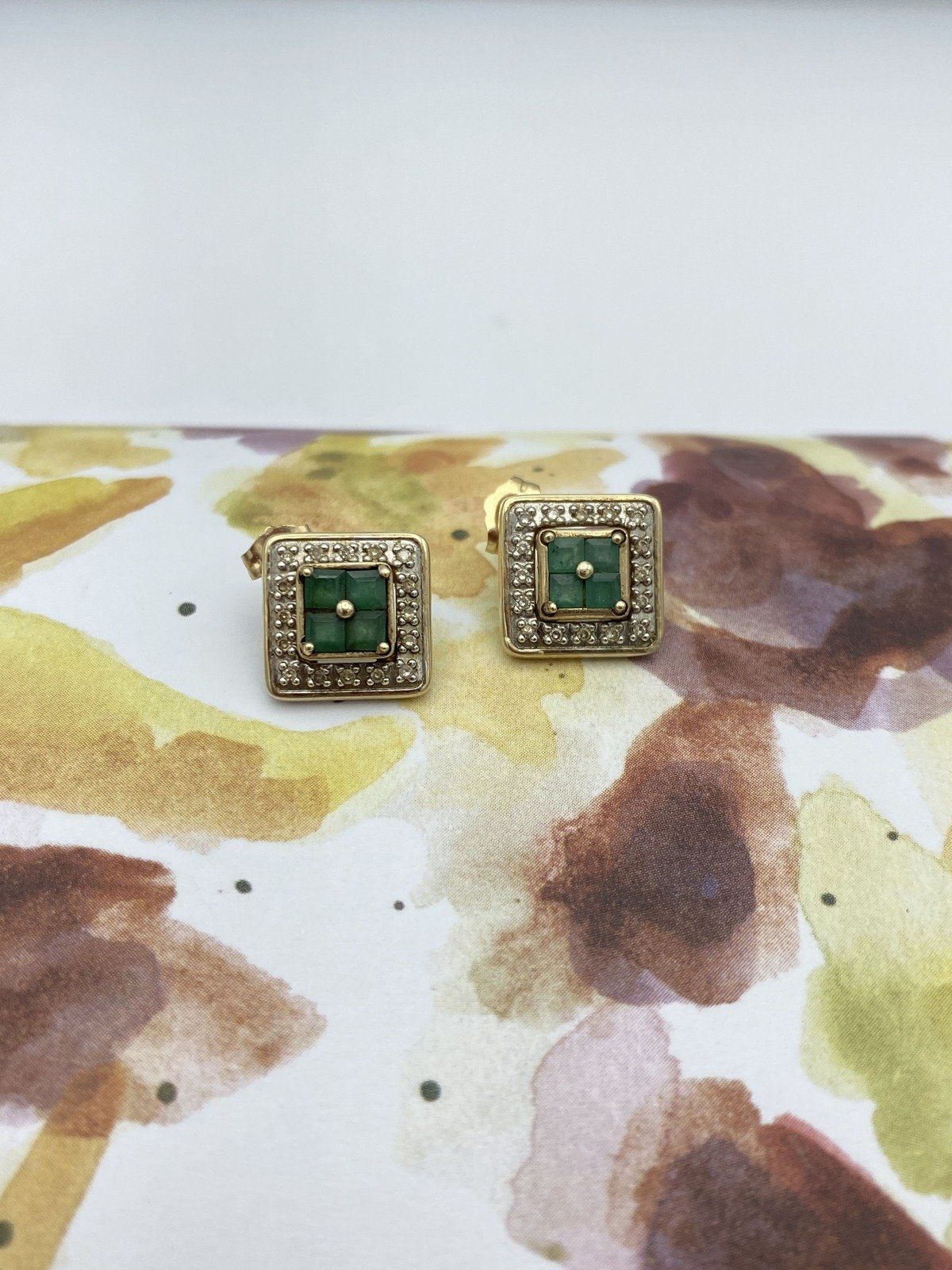 Squared 14k Gold Diamond Framed Princess Cut Emerald Stud Stud Earrings #2934 3