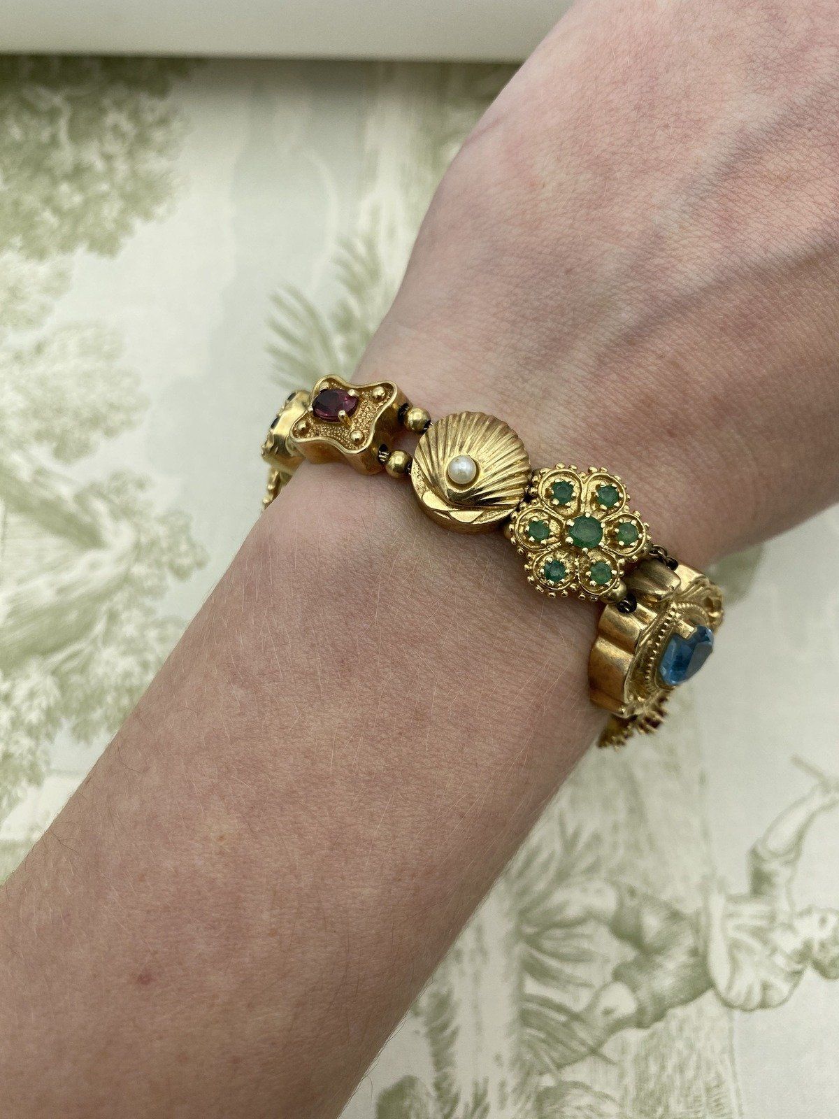 Solid 14k Gold Vintage Completed Semi-Precious Gem + Diamond Slide Bracelet 6