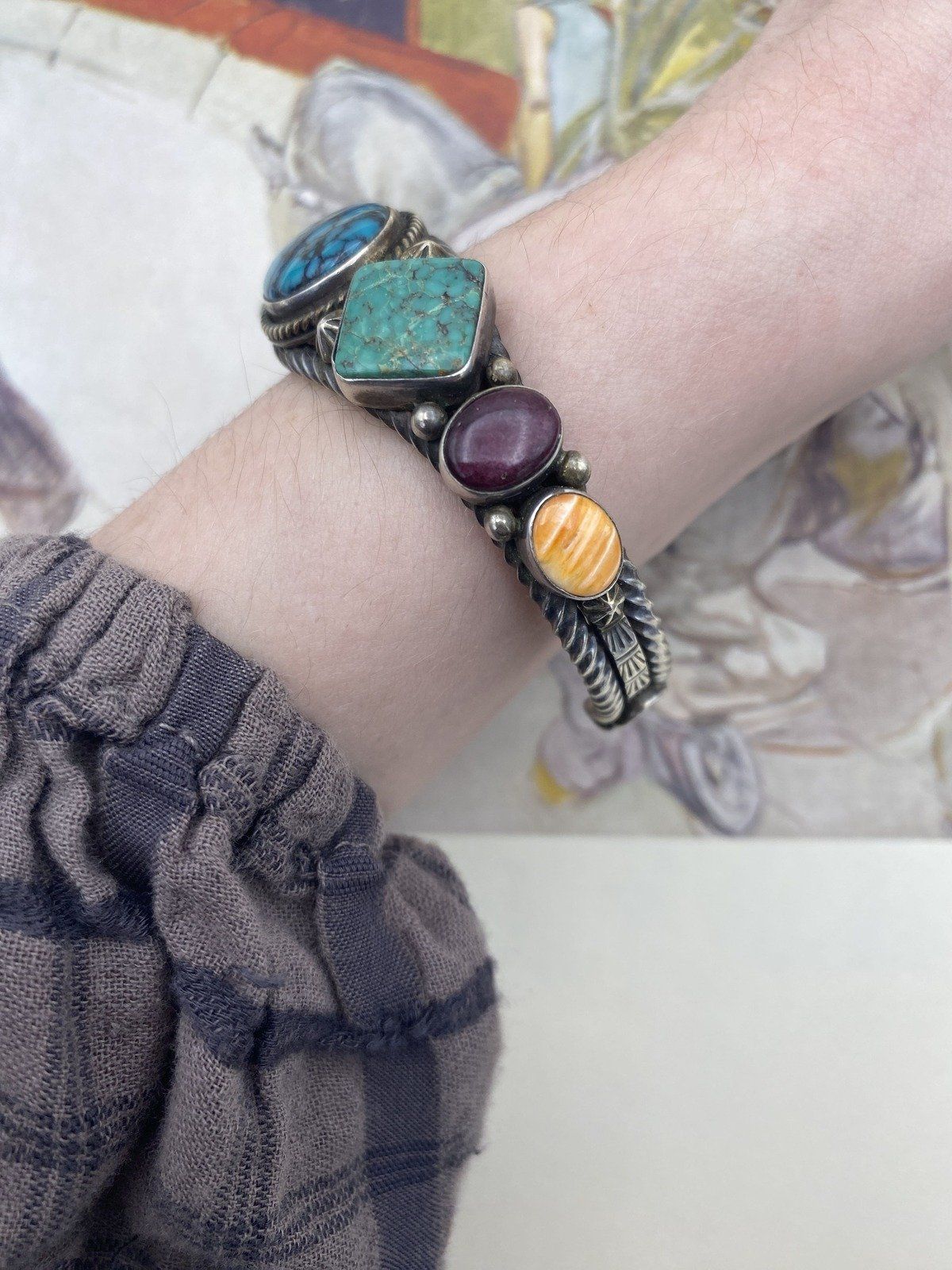 Signed Native American Arron Toadlena Sterling Silver Turquoise + Spiny Oyster Cuff Bracelet 8