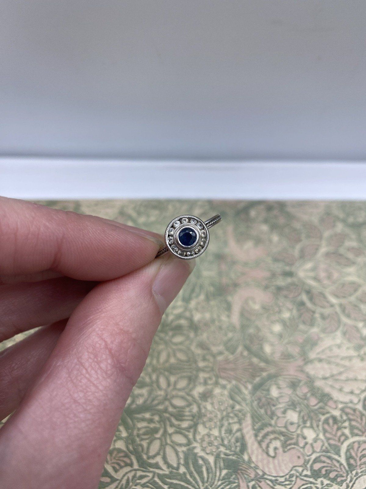 18k White Gold Bezel Set Sapphire + Diamond Halo Ring 4