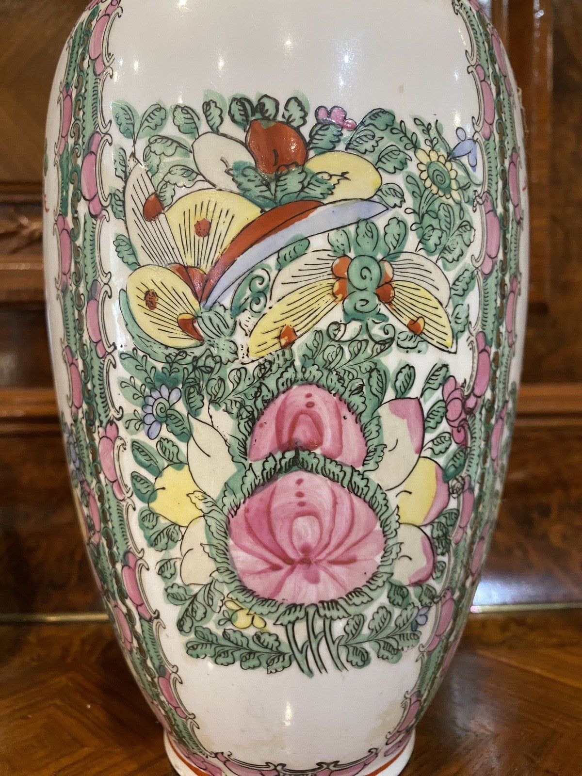 Pair of Vintage Rose Famille Oriental Vases 13h 3