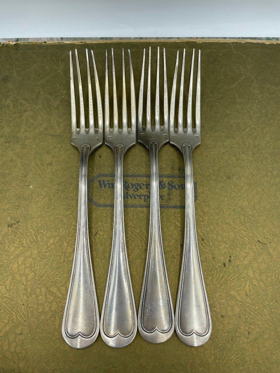 Set of 8 Weighty Antique Fiddle Back Silver Plated Colossal Fork + Spoon 4