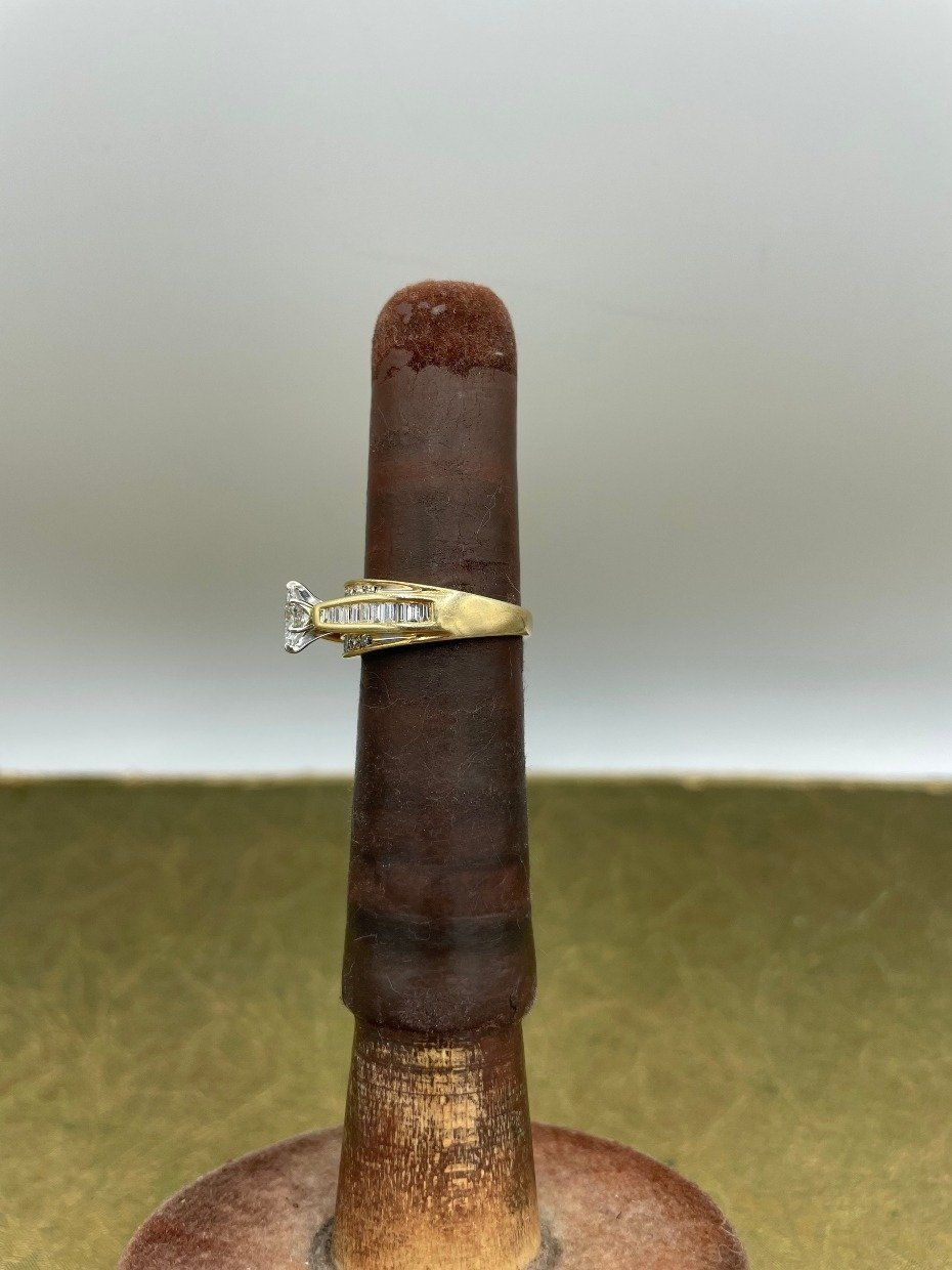 14k Gold .33ct Center Marquise Cut Diamond Engagement Ring w Channel Set Baguette + Round Cut Diamond Band 4