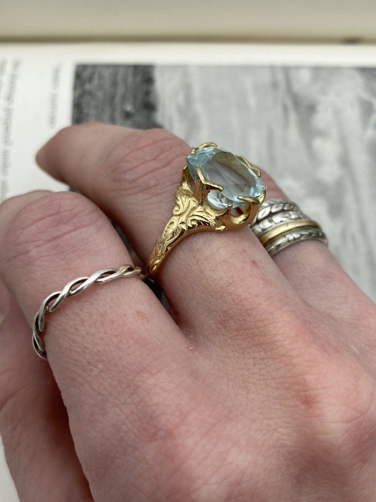 Antique Victorian 14k Gold High Quality Natural Cushion Cut Aquamarine Dress Ring w Carved Shoulder Motif + Lovely Prong Design 13