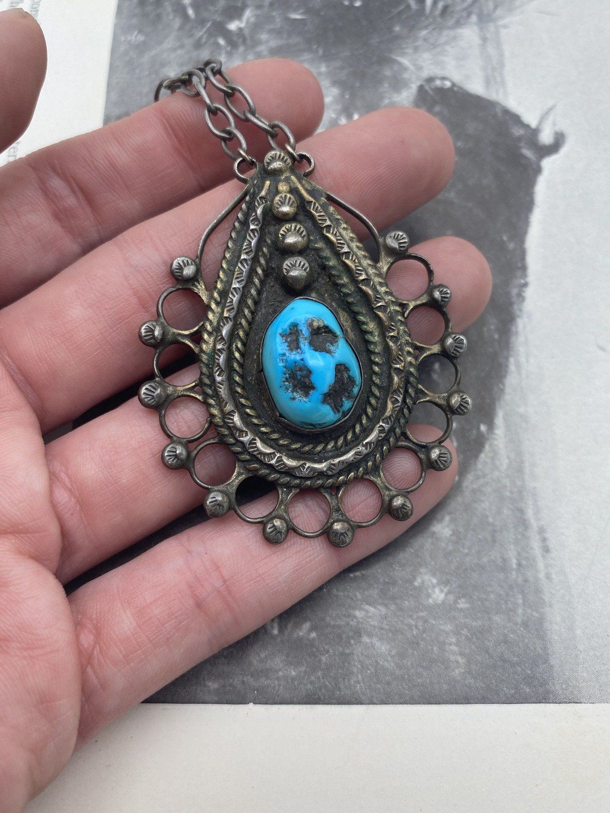 Old Sterling Silver Signed Native American Turquoise Grommet Lace Necklace 3