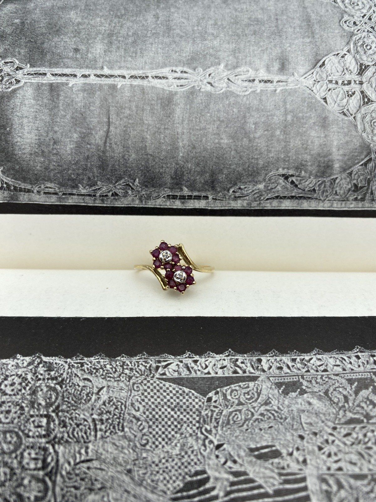 Vintage 10k Gold Ruby Double Flower Bypass Ring w Diamond Centers #2768 6