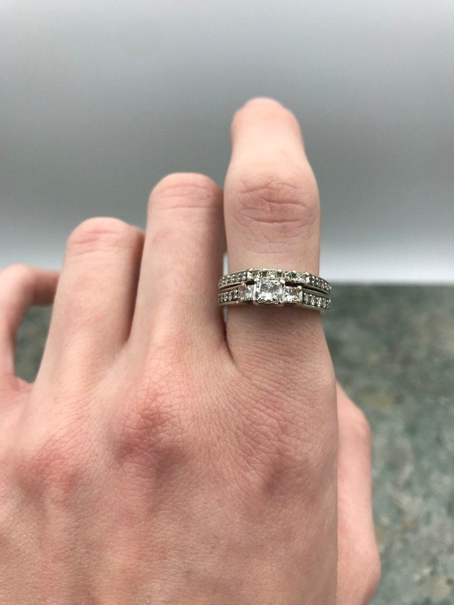 14k White Gold .43ct Center Princess Cut Diamond Trinity Engagement Ring Set 4
