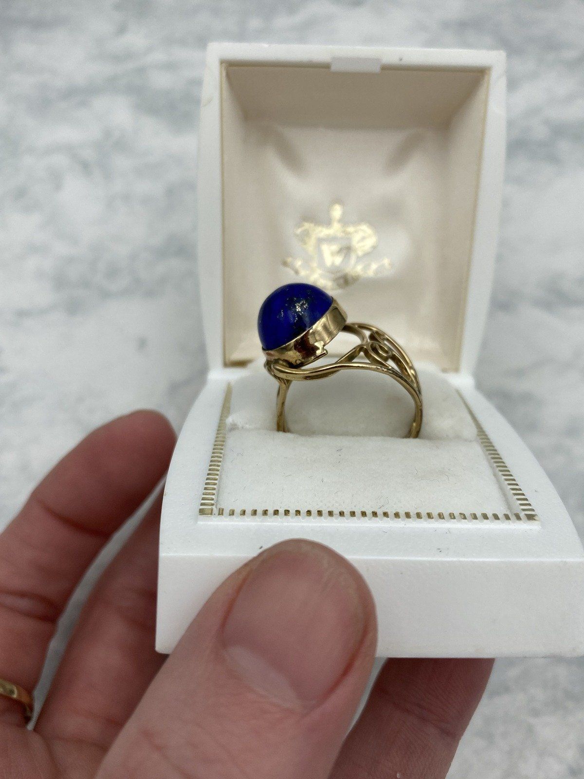Vintage 14k Sculptural Lace Lapis Lazuli Polished Statement Ring 6