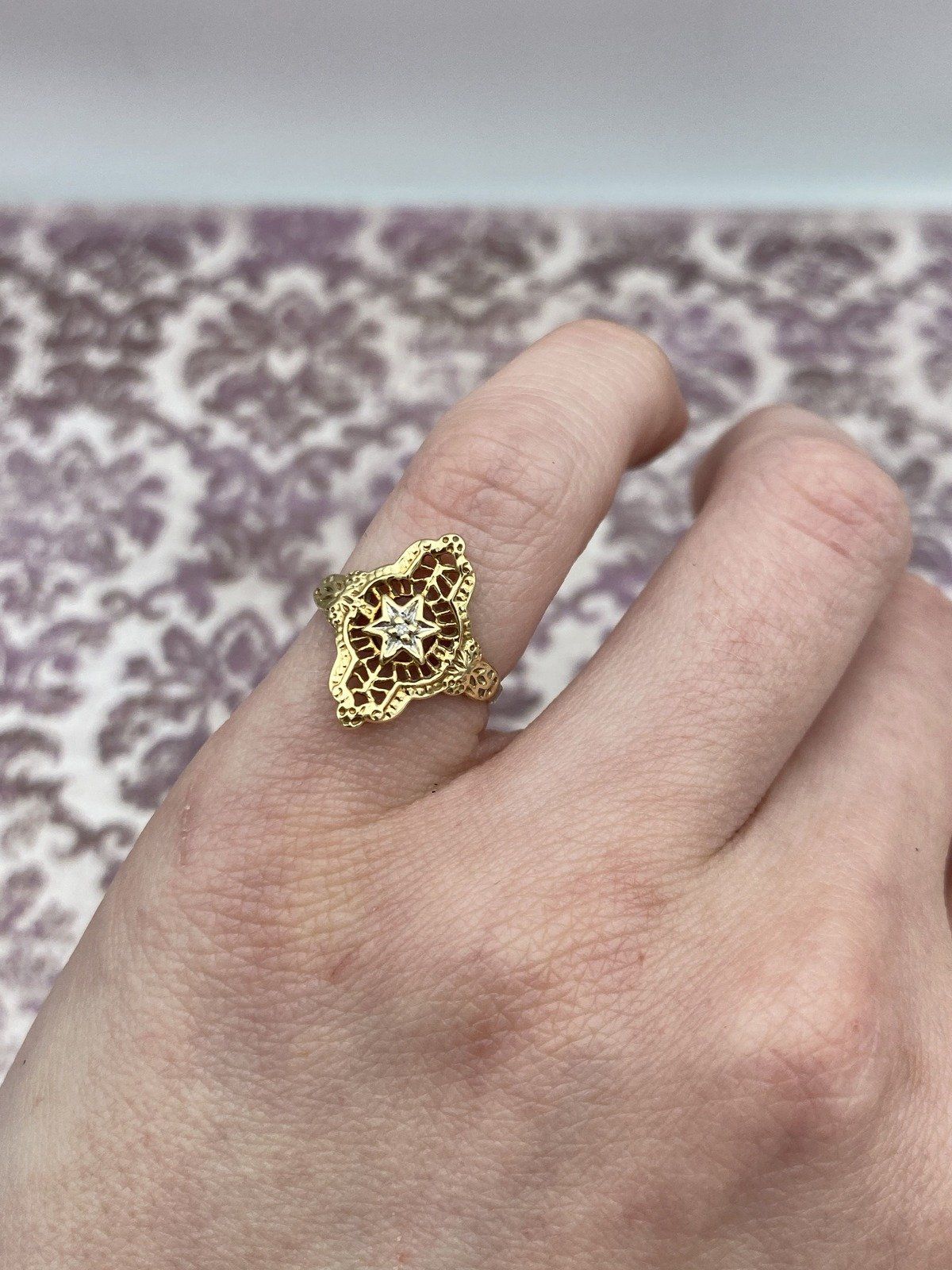 Antique 10k Gold Petite Filigree Star Burst Melee Diamond Navette Pinky Ring 5