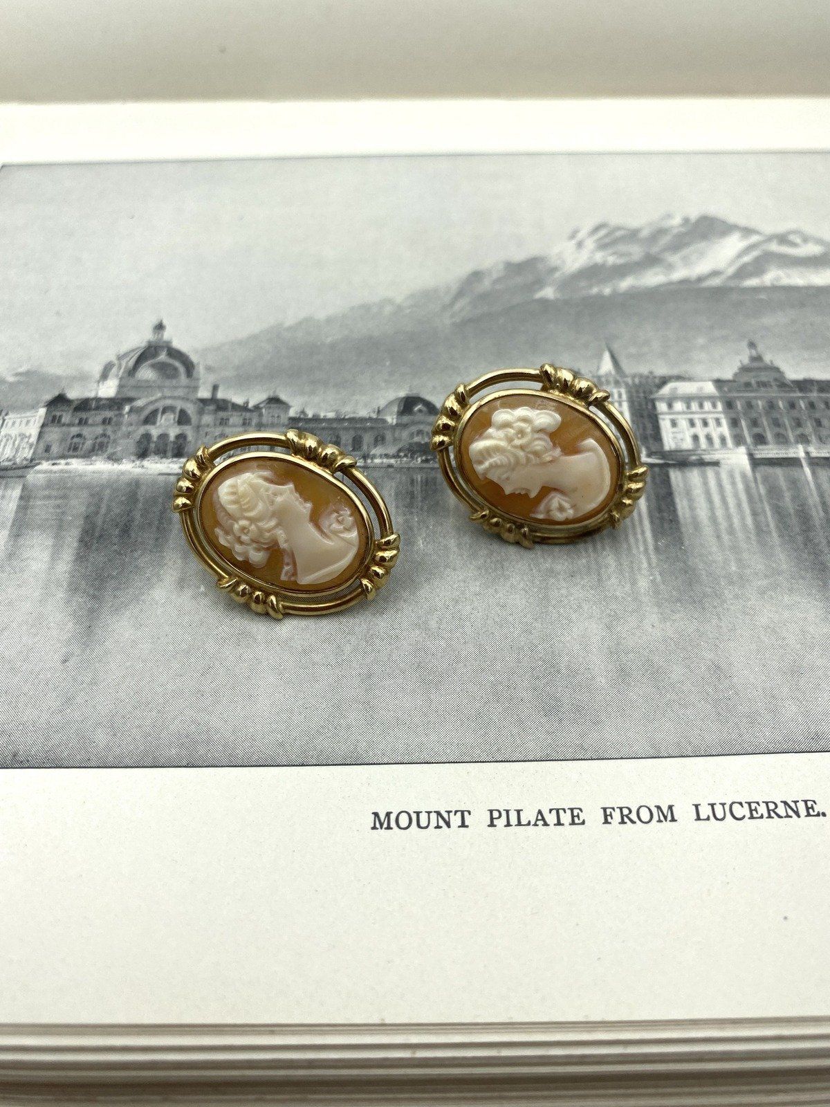 Vintage 14k Gold 1 Shell Carved Cameo Portrait Stud Earrings w Artly Molded Bezels 7