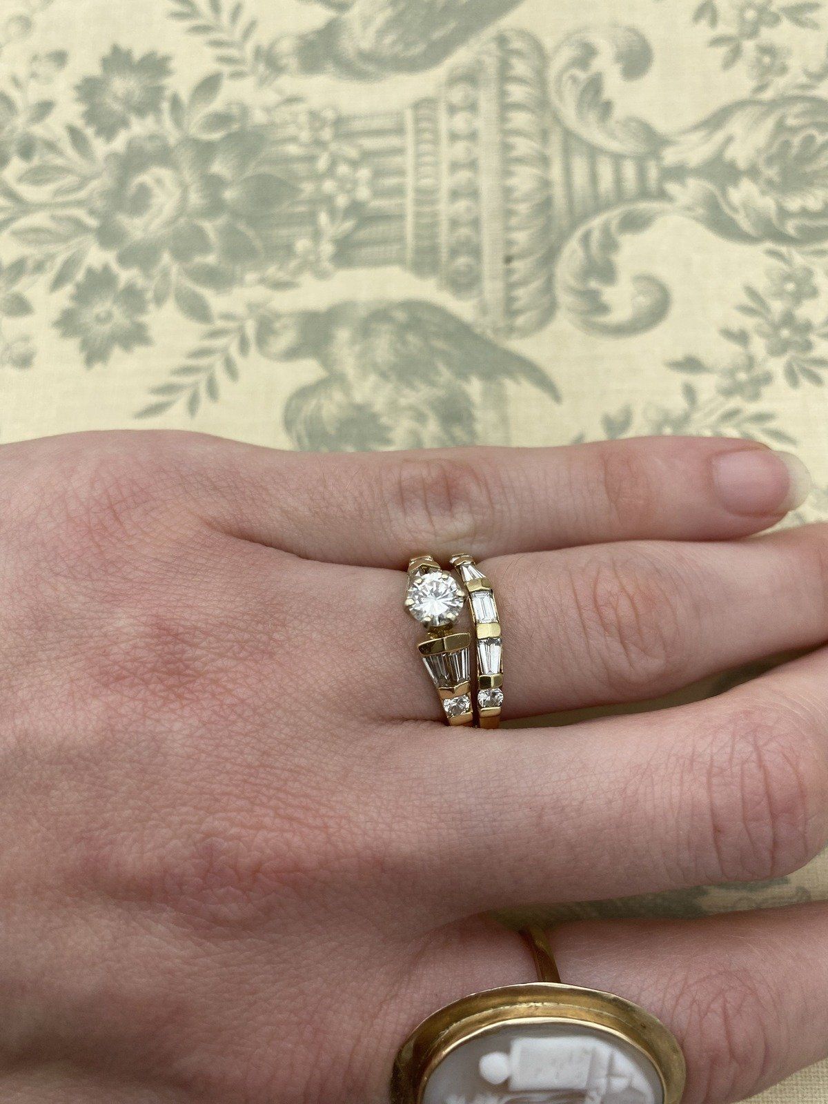 14k Gold 1.52ctw Round Brilliant + Baguette Accented Bridal Engagement Ring Set w GIA + APP 13