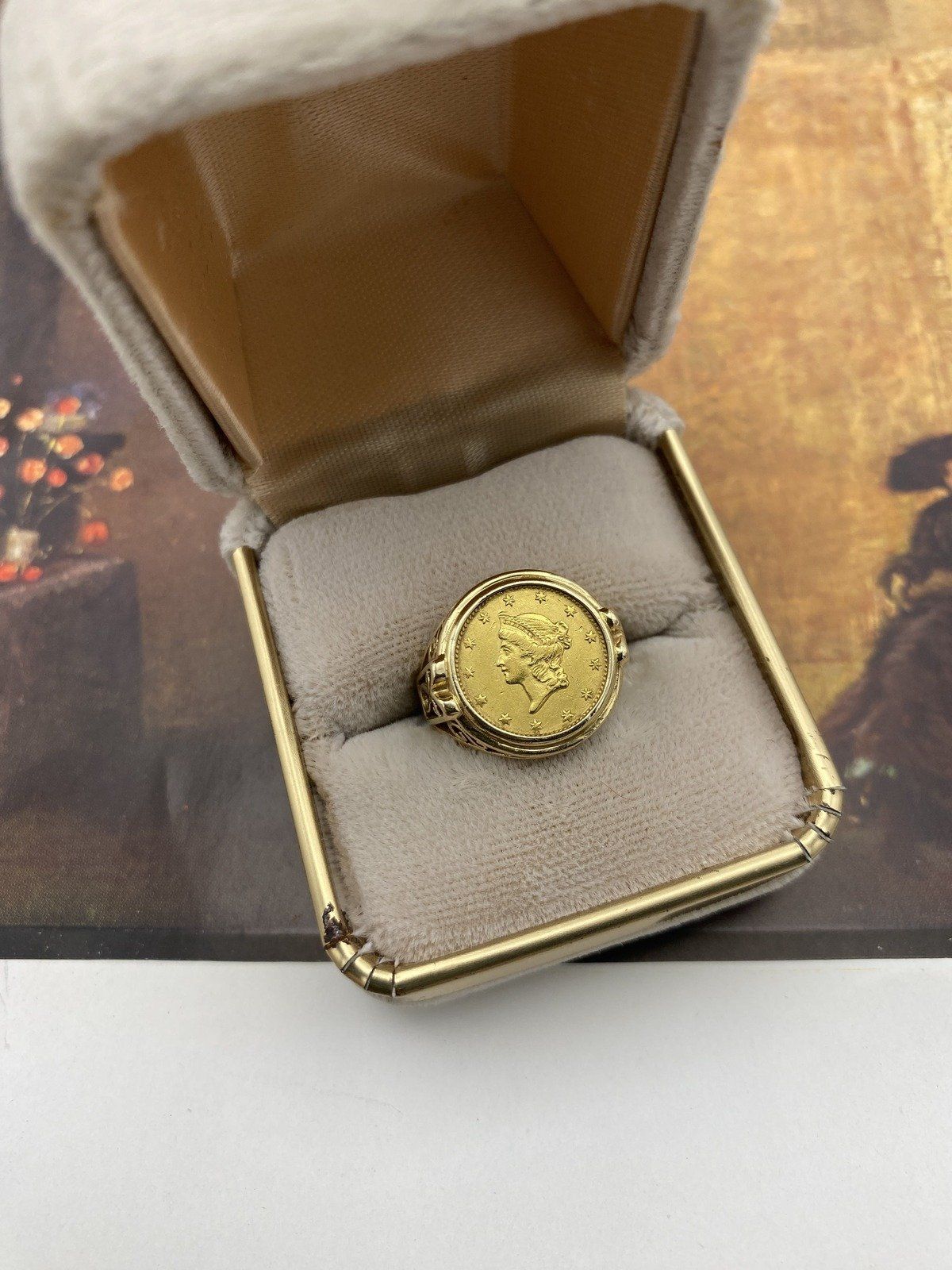 14K Gold Ring with $1 Liberty Head Gold Coin Type 1 Filigree Setting. Sz 4.25 2