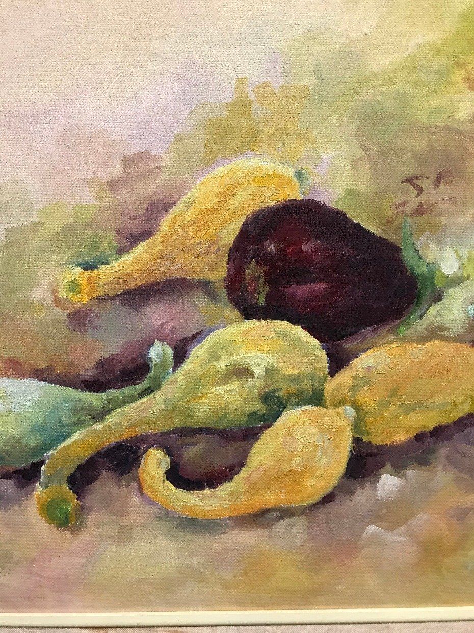 Original MS Artist Marie Rivers Still Life Painting of Squash + Eggplant 2