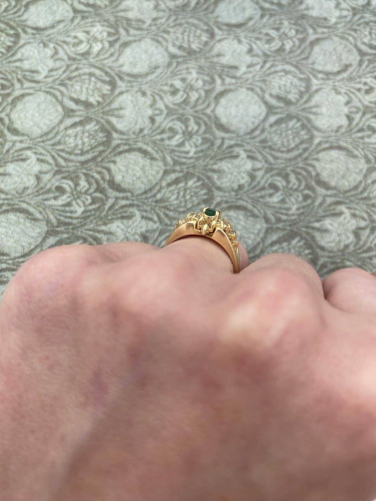 Vintage 14k Gold Emerald + Baguette Diamond Burst Ring w Taper Cupped Shoulders #2533 7