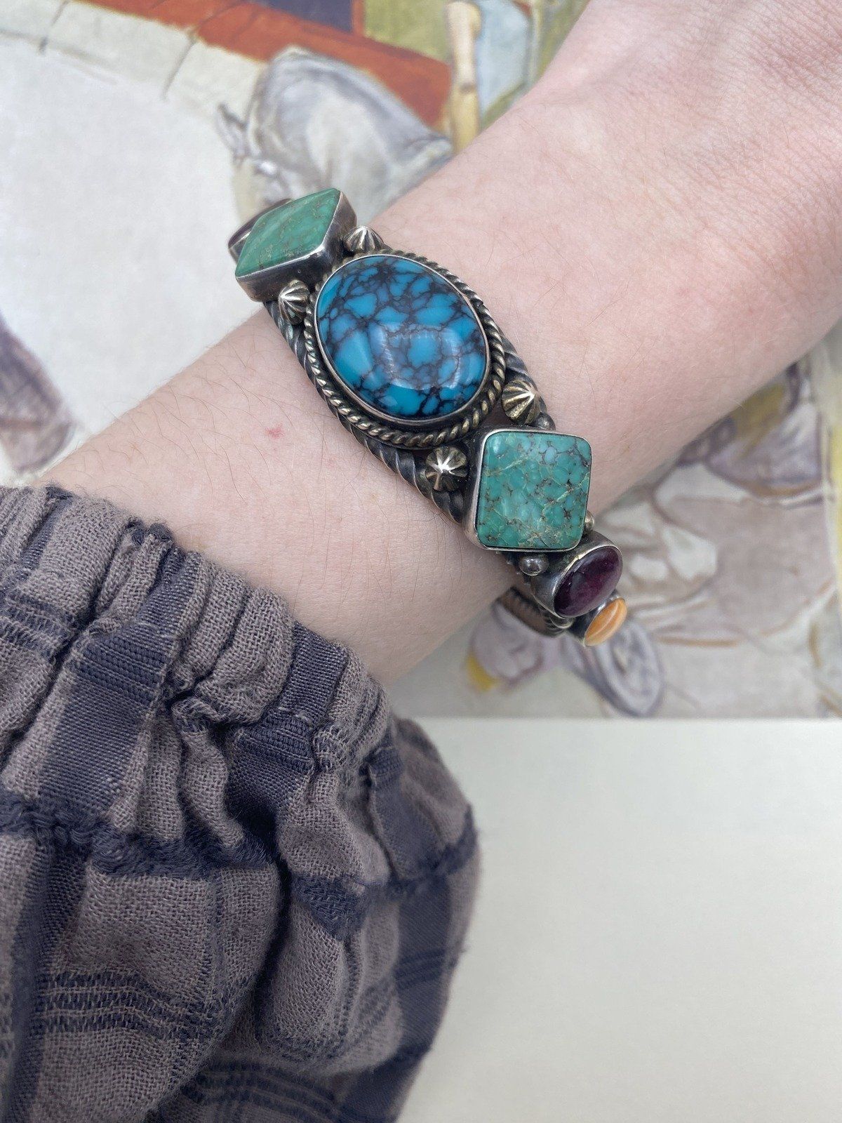 Signed Native American Arron Toadlena Sterling Silver Turquoise + Spiny Oyster Cuff Bracelet 9