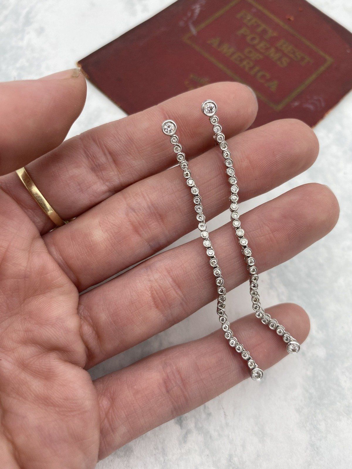 Modernist 18k White Gold Bezel Set Diamond Articulated Linear Drop Earrings 4