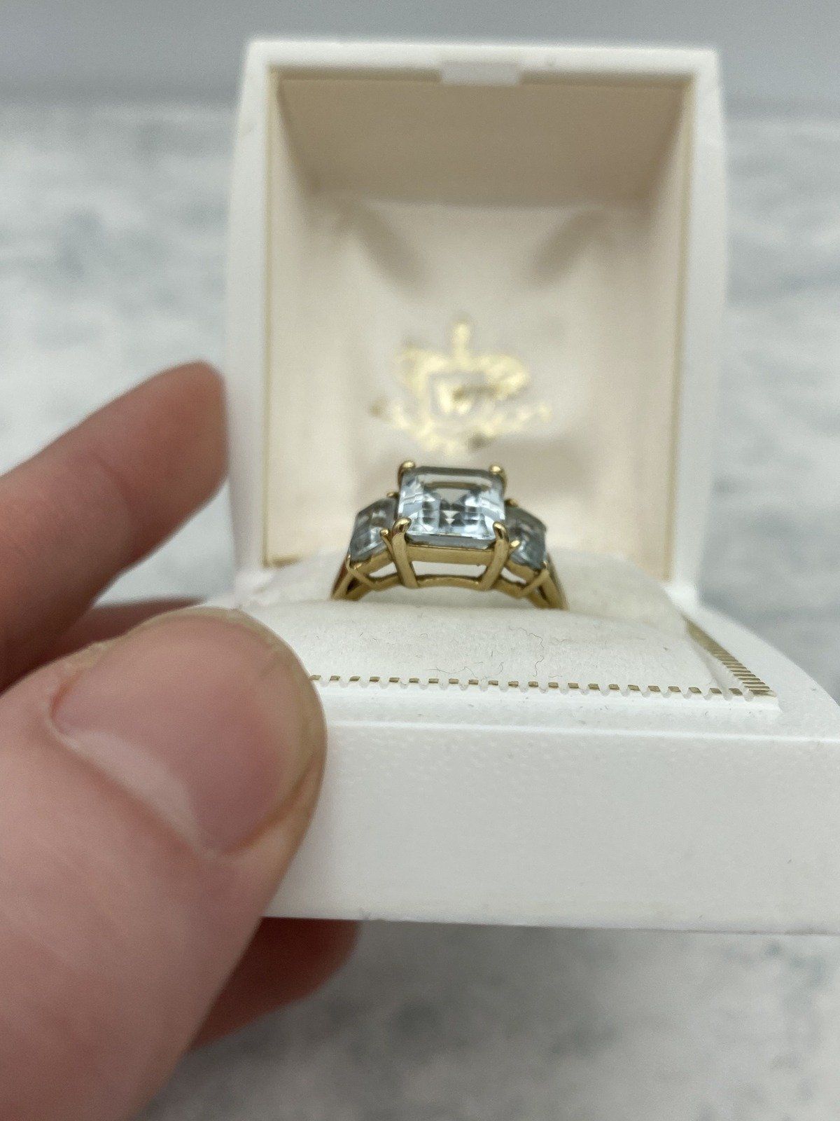 10k Gold Emerald Cut Aquamarine Trio Dress Ring 4