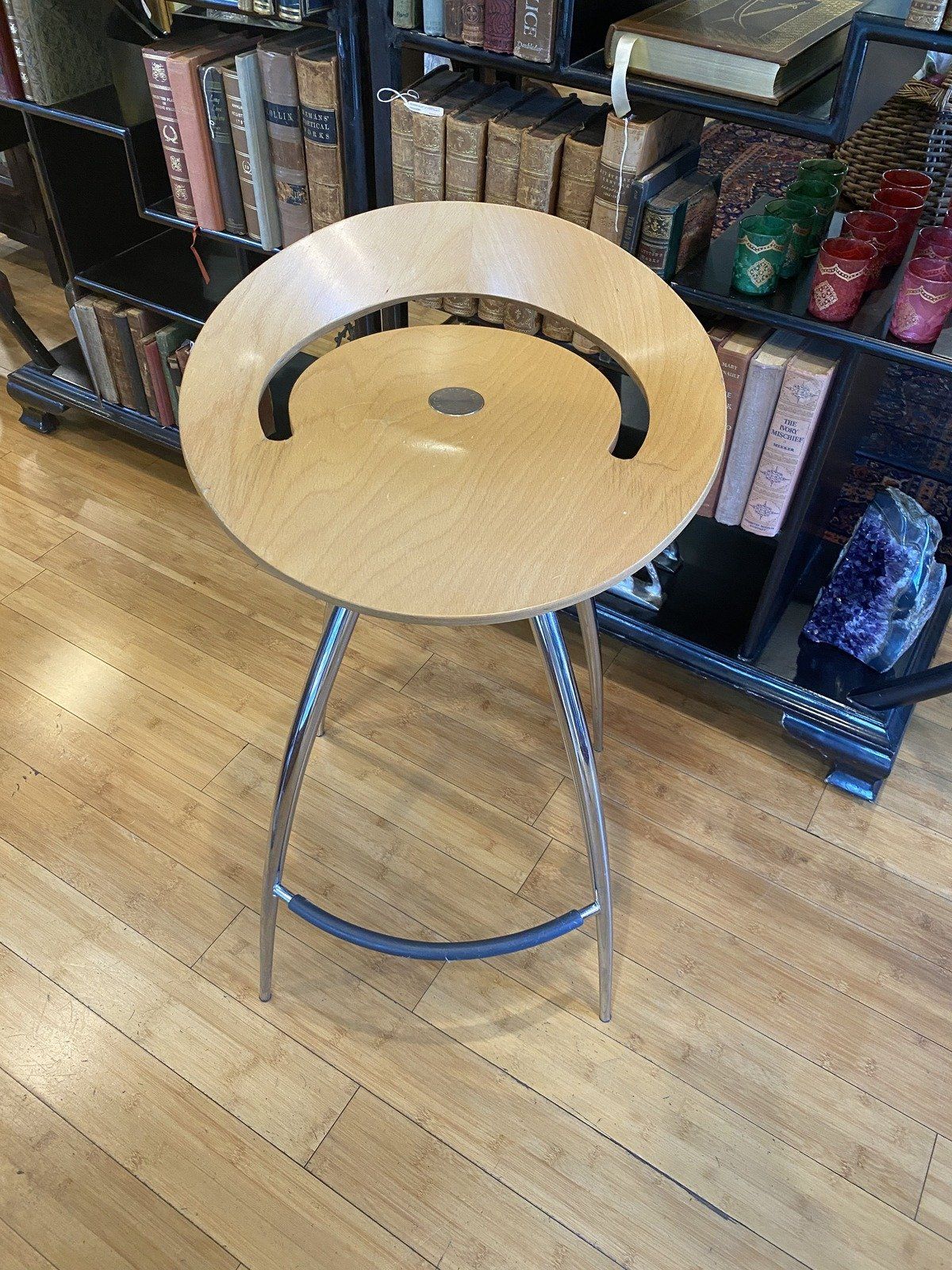 Vintage c.1999 Lyra Italia Wood + Steel Modern Bar Stool