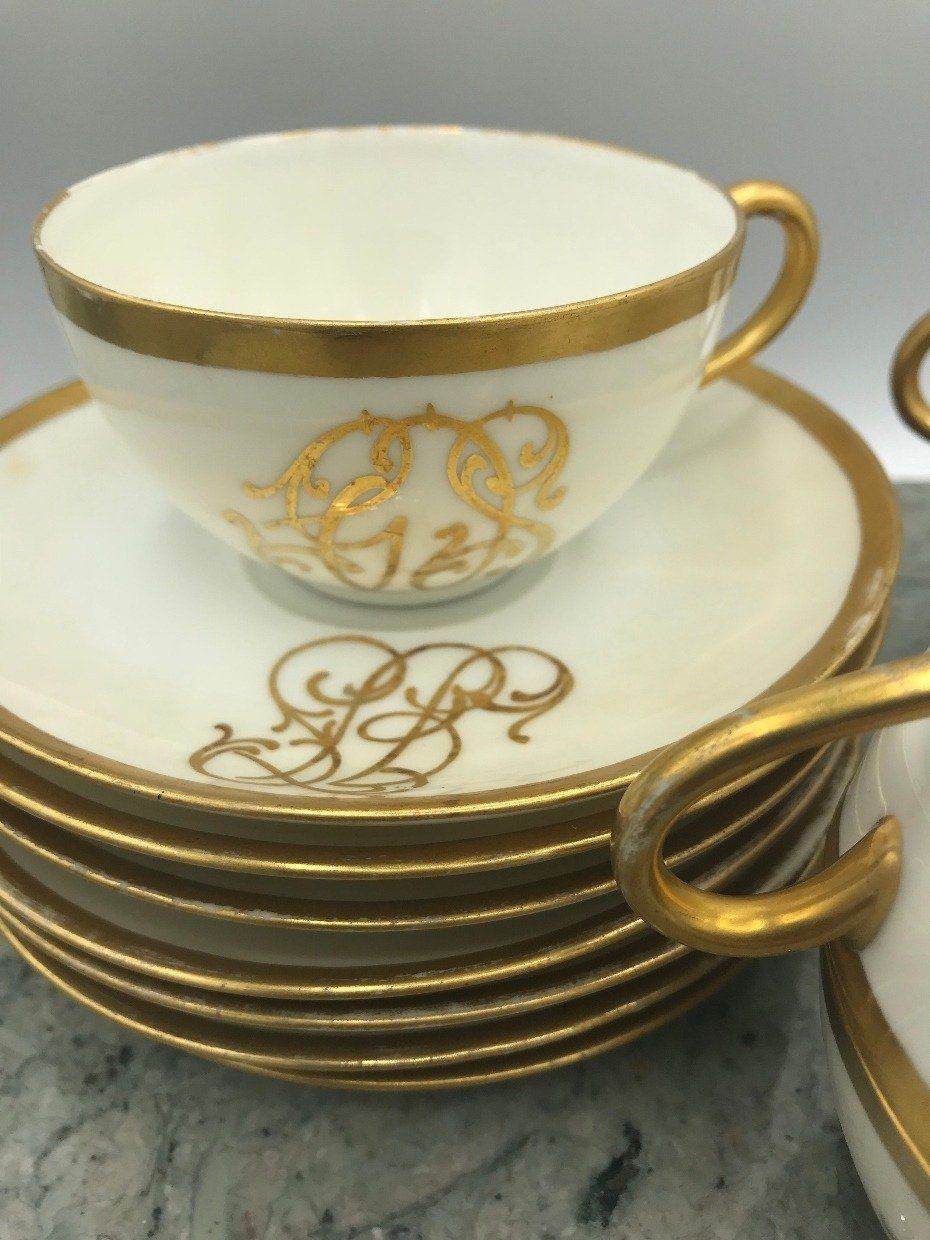 Regal Atq. Limoges Bone + Gold Rim Teacup & Saucer *SET* w Gold English Scripted Monogram 2