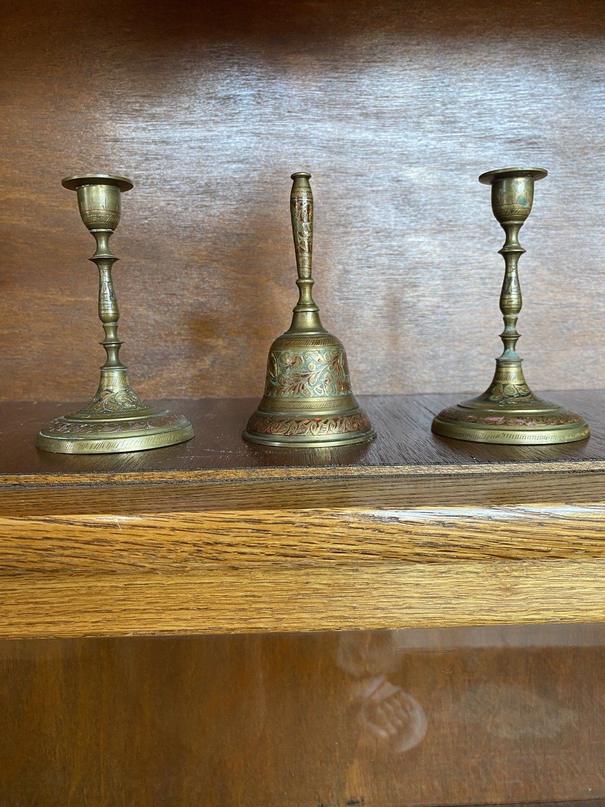 3pc Vintage Eastern Indian Enamel + Brass Altar Bell and Candle Set 2