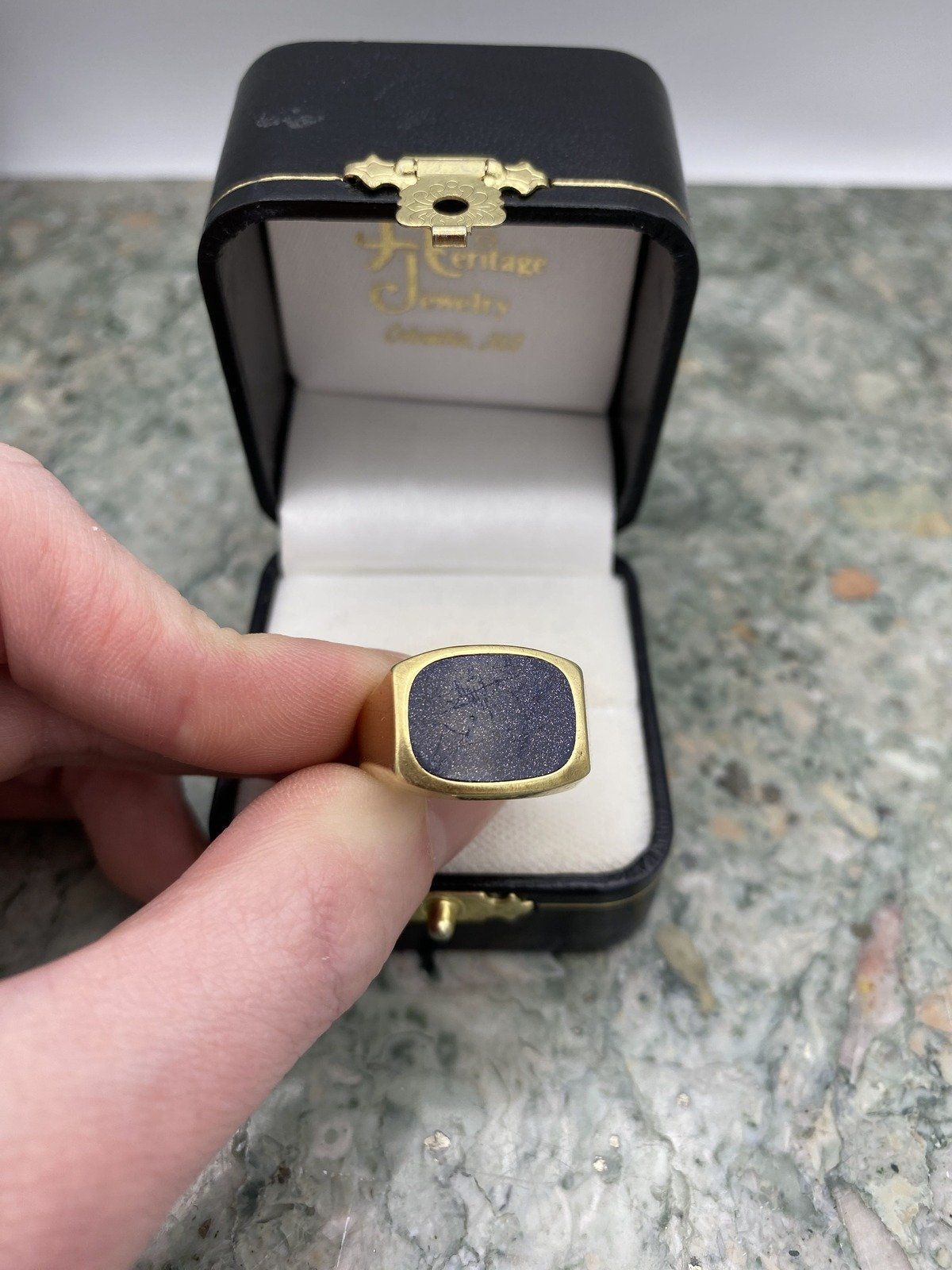 Men's Vintage 14k Gold Dutch Made Blue Goldstone Flush Bezel Ring 6