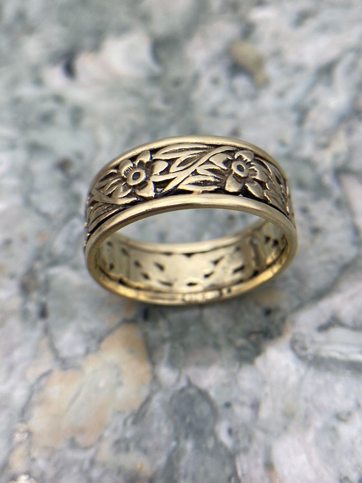 Men's Antique Reticulated Hand Carved 10k Gold Daffodil Motif Ring Band #2774 7