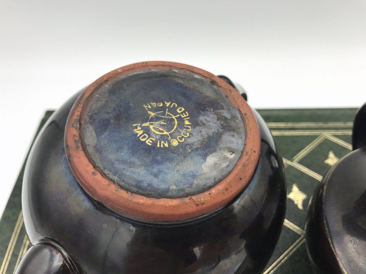Occupied Japan Black Teapot + Creamer w Colorful Enamel Painted Motif 4