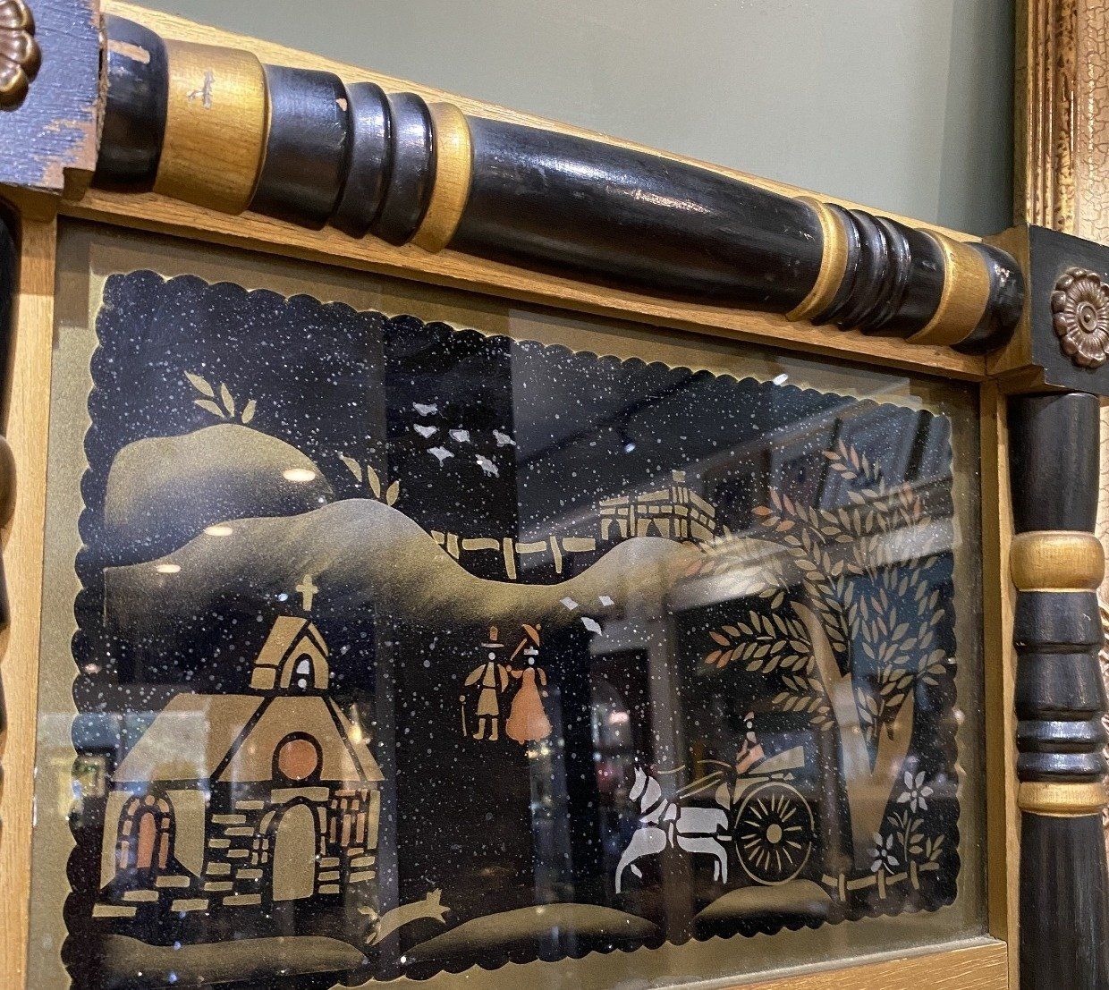 Antique Black and Gold Mirror w Painted Townscape 2