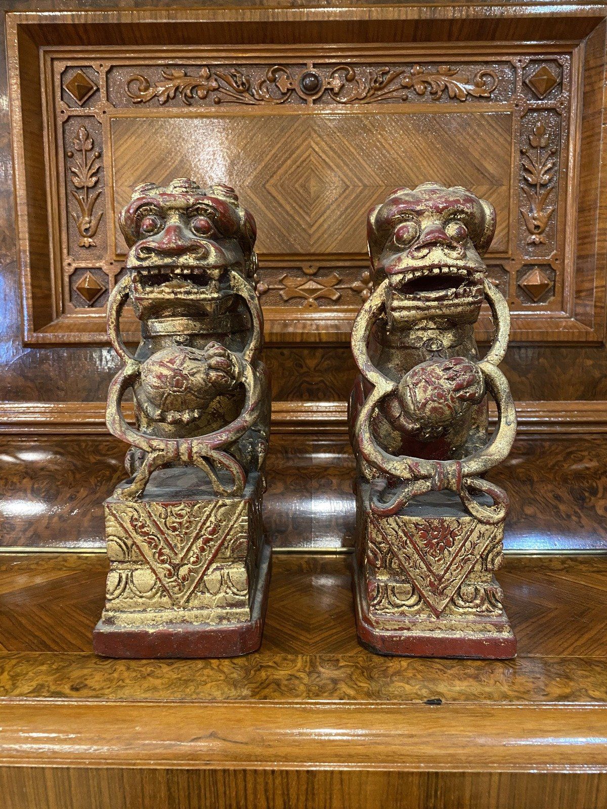 Cinnabar Red + Gilt Plaster Foo Dogs Sculptures 4