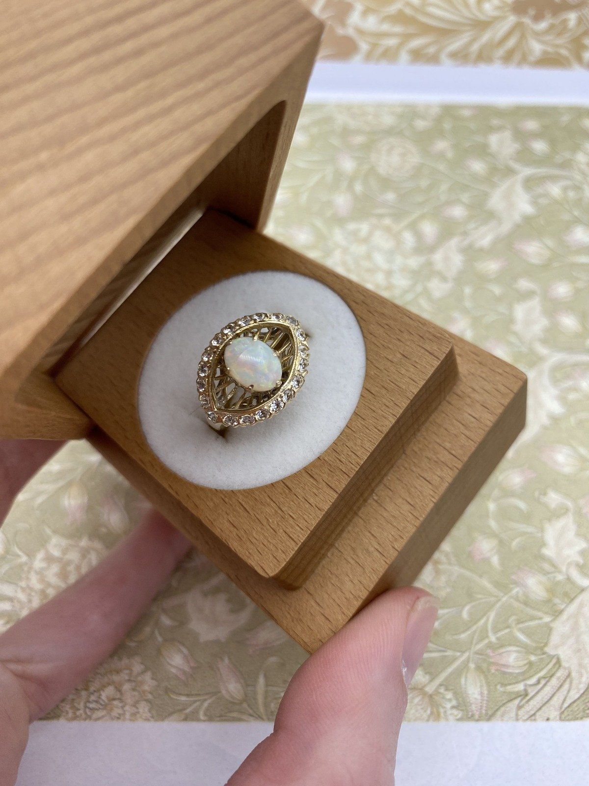 Antique 14k Gold Opal + Old Mine Diamond Almond Eye Ring 2