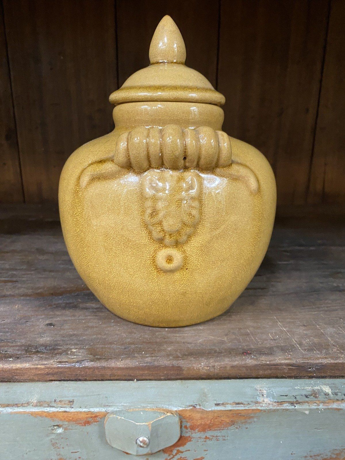 Vintage Crazed Tawny Brown Ceramic North Wind Face Ginger Jar