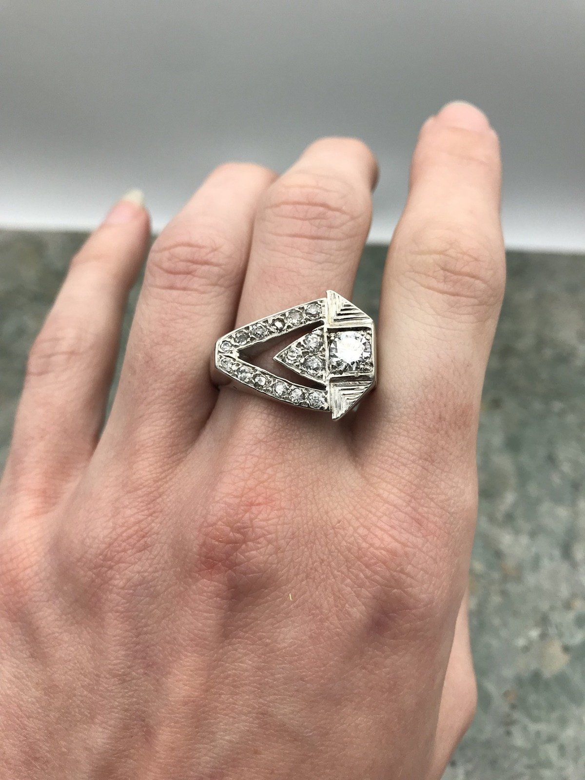 Men's 14k White Gold .65ct European Cut Art Deco 1.1ctw Diamond Ring 2
