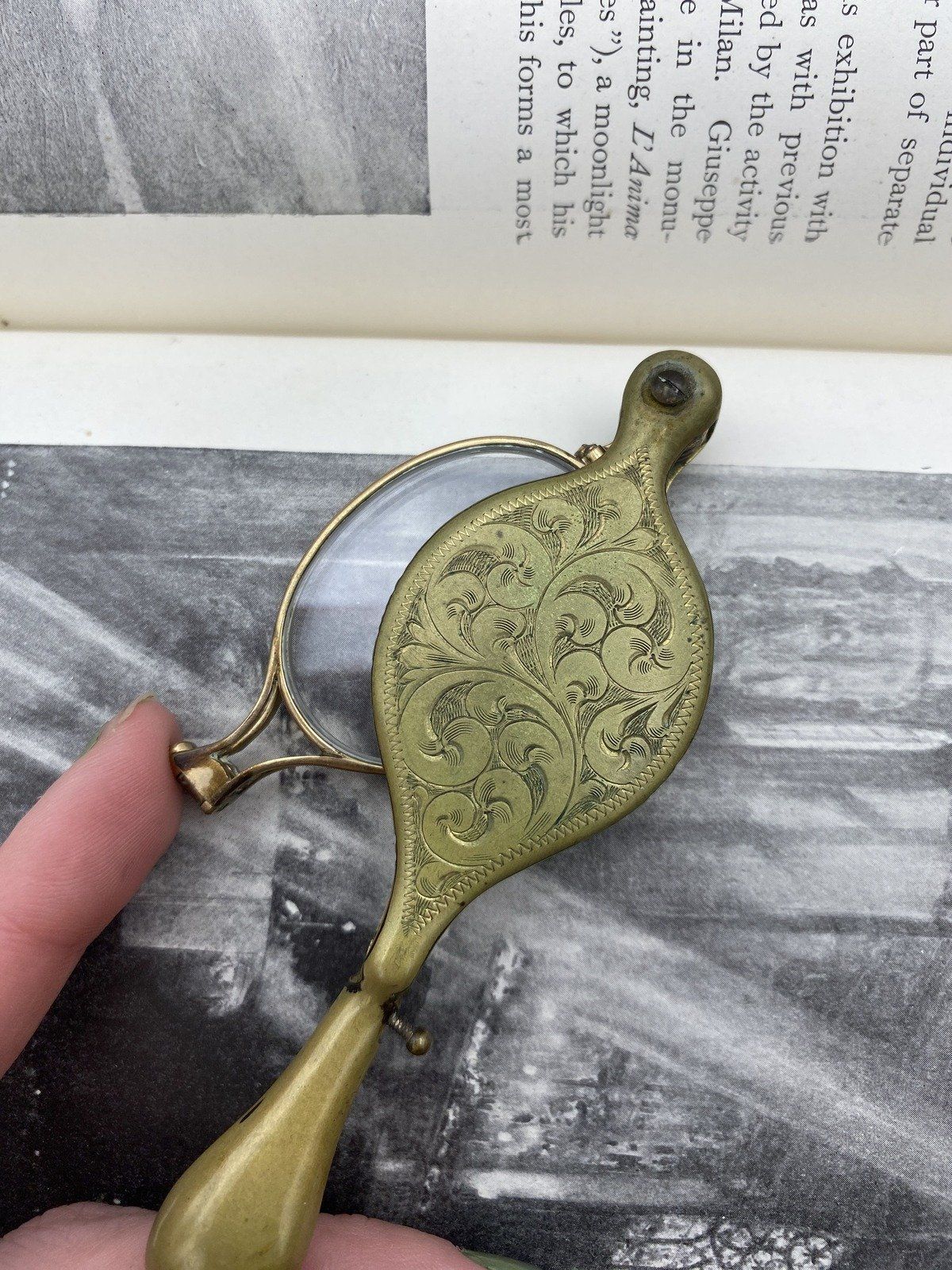 Antique Edwardian Etched Brass Lorgnette Opera Eye/Reading Retractable Glasses w Grosgrain Cord 3