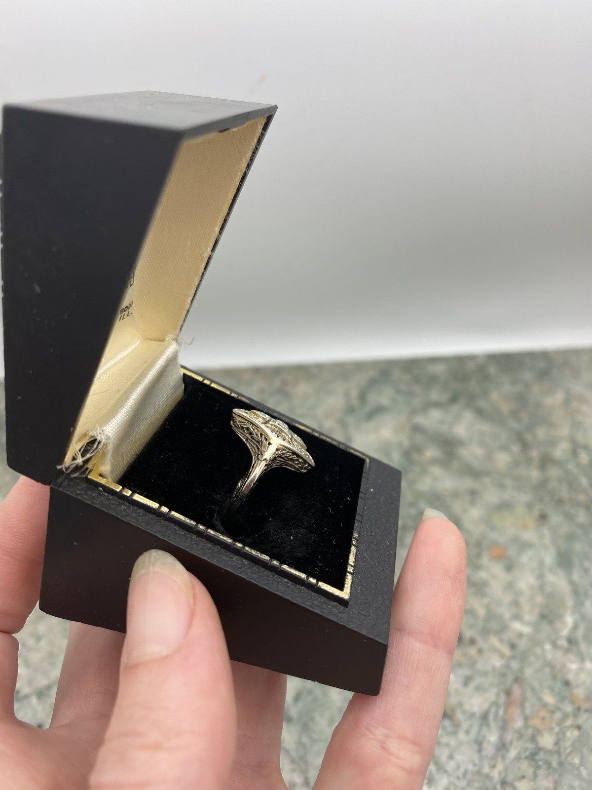 Antique 14k White Gold Filigree Diamond Navette Ring w Spade Design 4