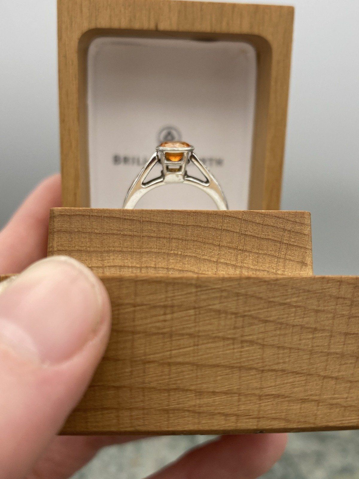 Spessartine Orange Garnet 14k White Gold Bezel Set Ring w Carved Band 11