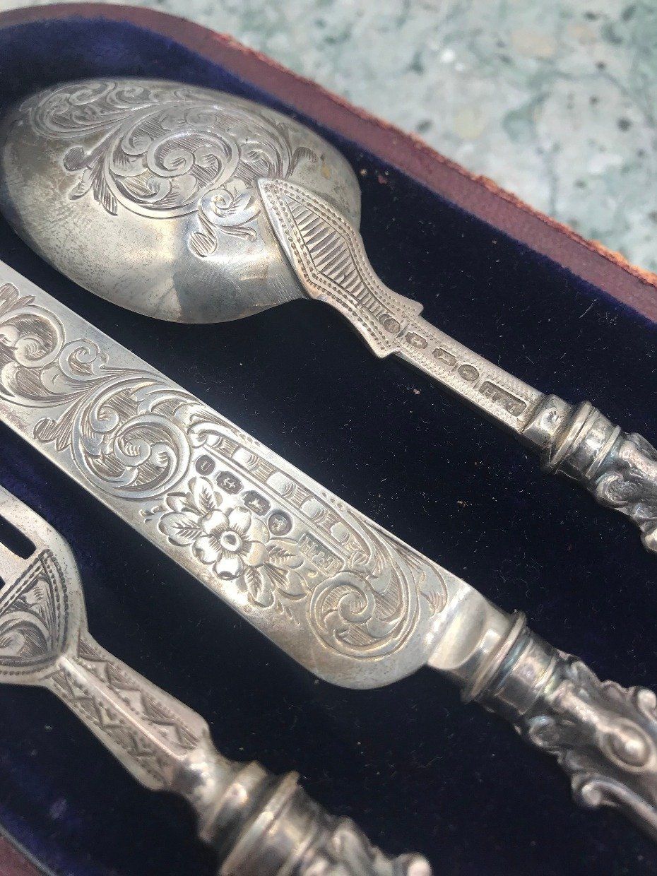 Antique Edwardian English Made Ornate Sterling Silver Christening 3pc Cutlery Set in Orig. Box 2