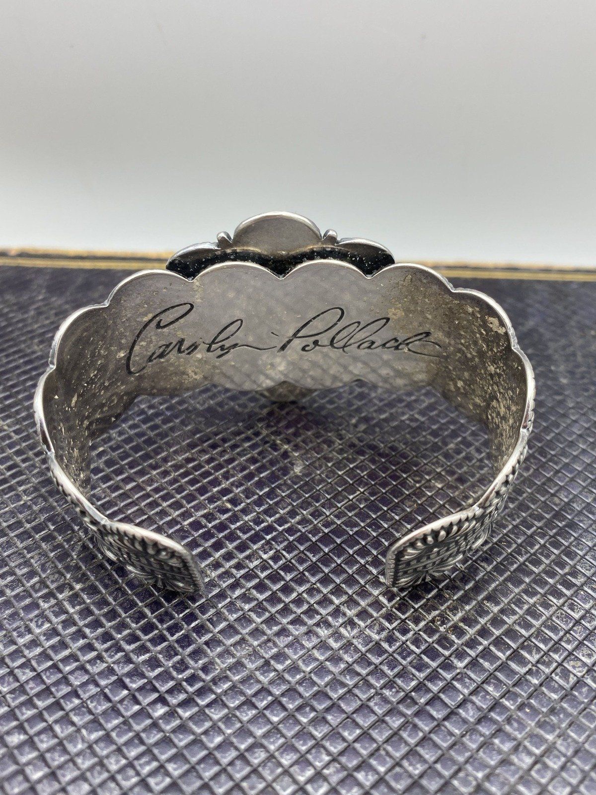 Signed Carilyn Pollack Sterling Silver Concho Cuff Bracelet w Amethyst + Synthesized Turquoise #2473 3