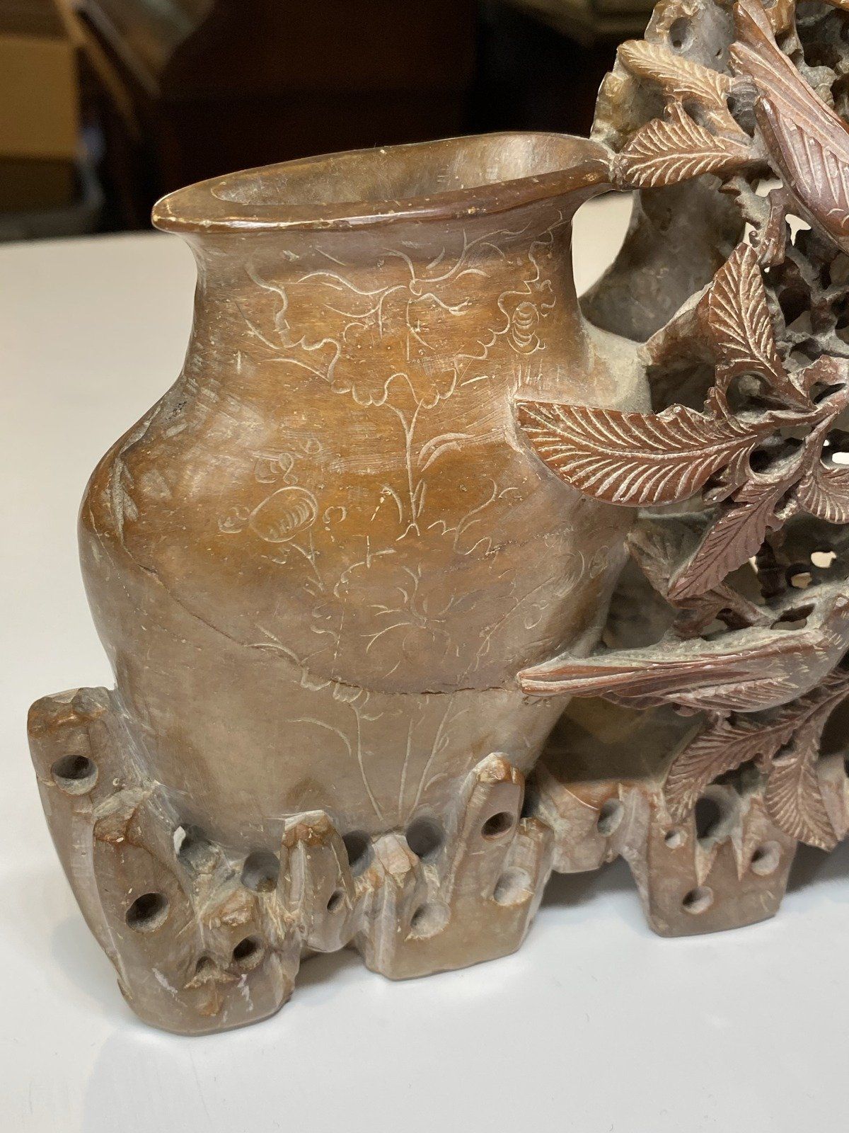 Antique Chinese Soapstone Dual Vase Carving in Relief 2