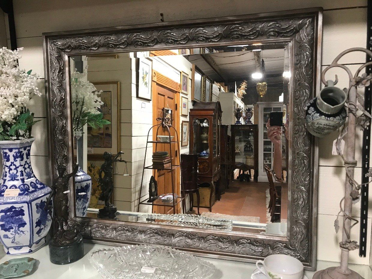 Rectangular Beveled Mirror w Silver Gilt + Molded Frame