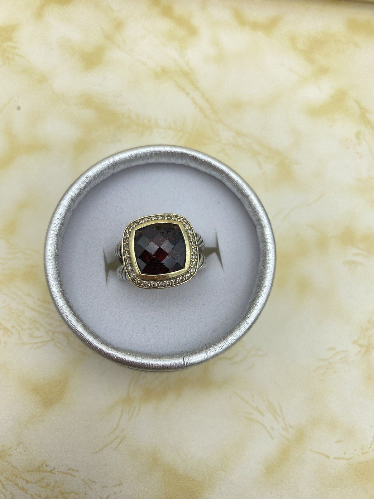 David Yurman Sterling Silver + 18k Garnet Cushion Cut Cable Twist Ring w Pave Diamond Bezel 3