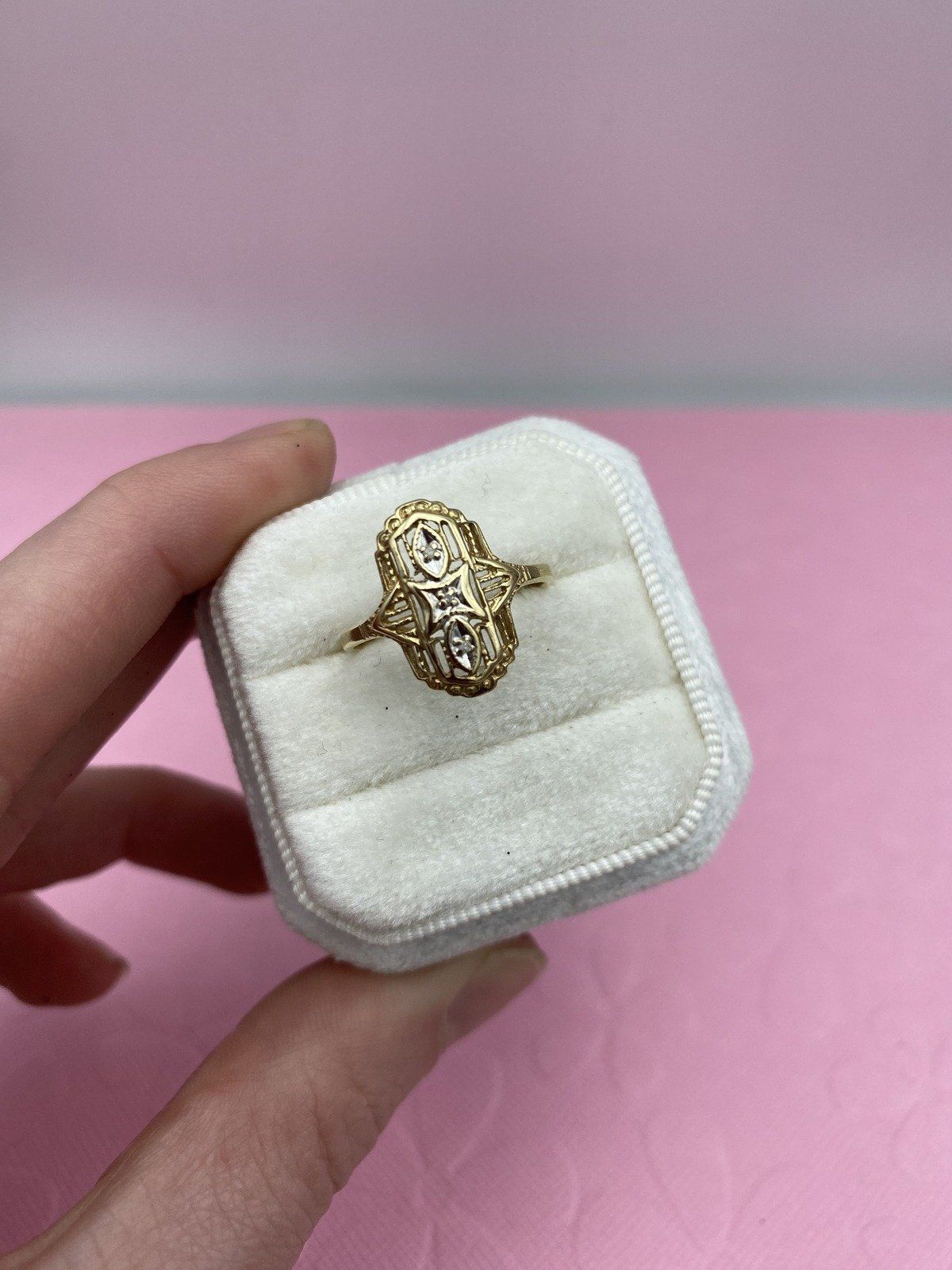 Antique 10k Gold Dainty Filigree Navette Ring White Gold Center + Melee Diamond #2200 2